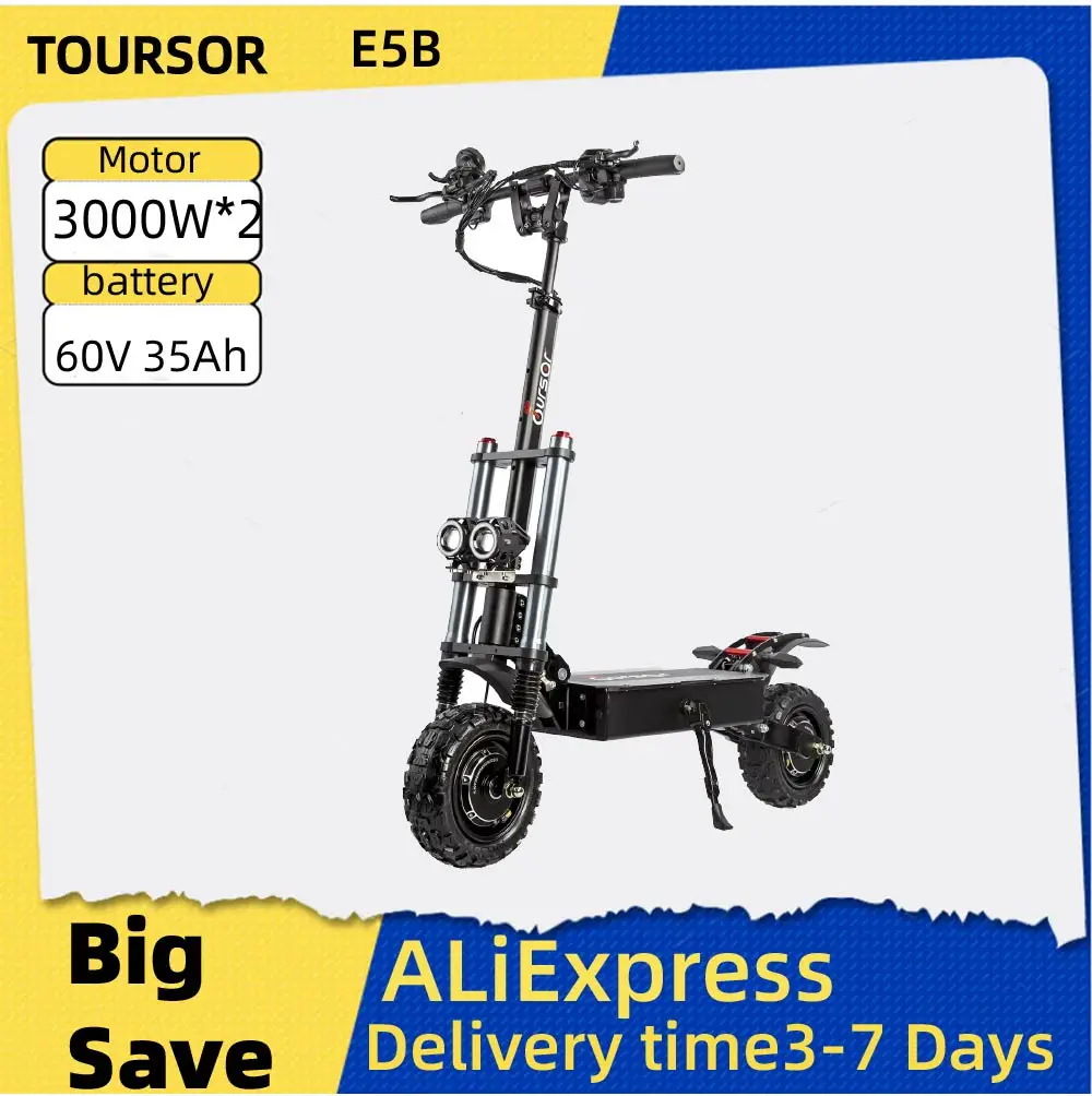 

TOURSOR E5B Electric Scooter For Adults 3000W*2 Motor 60V35Ah Battery E-Scooter 11Inch Off-road Tire Foldable Road EScooter