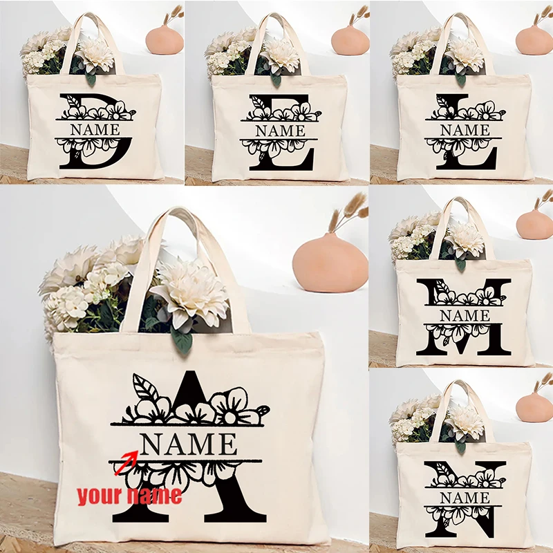 2025 Minimalist Style Monogram Hollow Flowers Personalized Name Canvas Shopping Bag Teacher Gifts Bridesmaid Gift Ramadan Totes