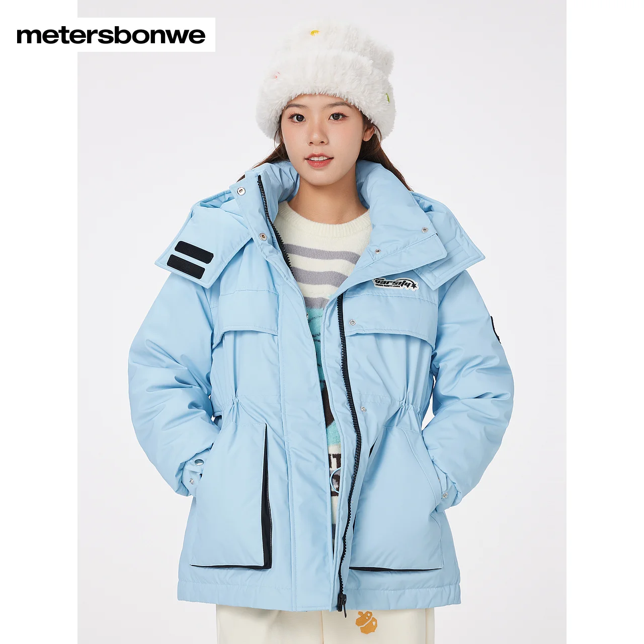 

Metersbonwe-Women's Jacket Puffer 90 White Duck Down Waist Drawstring Cargo Jackets Hooded Thickened Sporty Warm Wear Winter