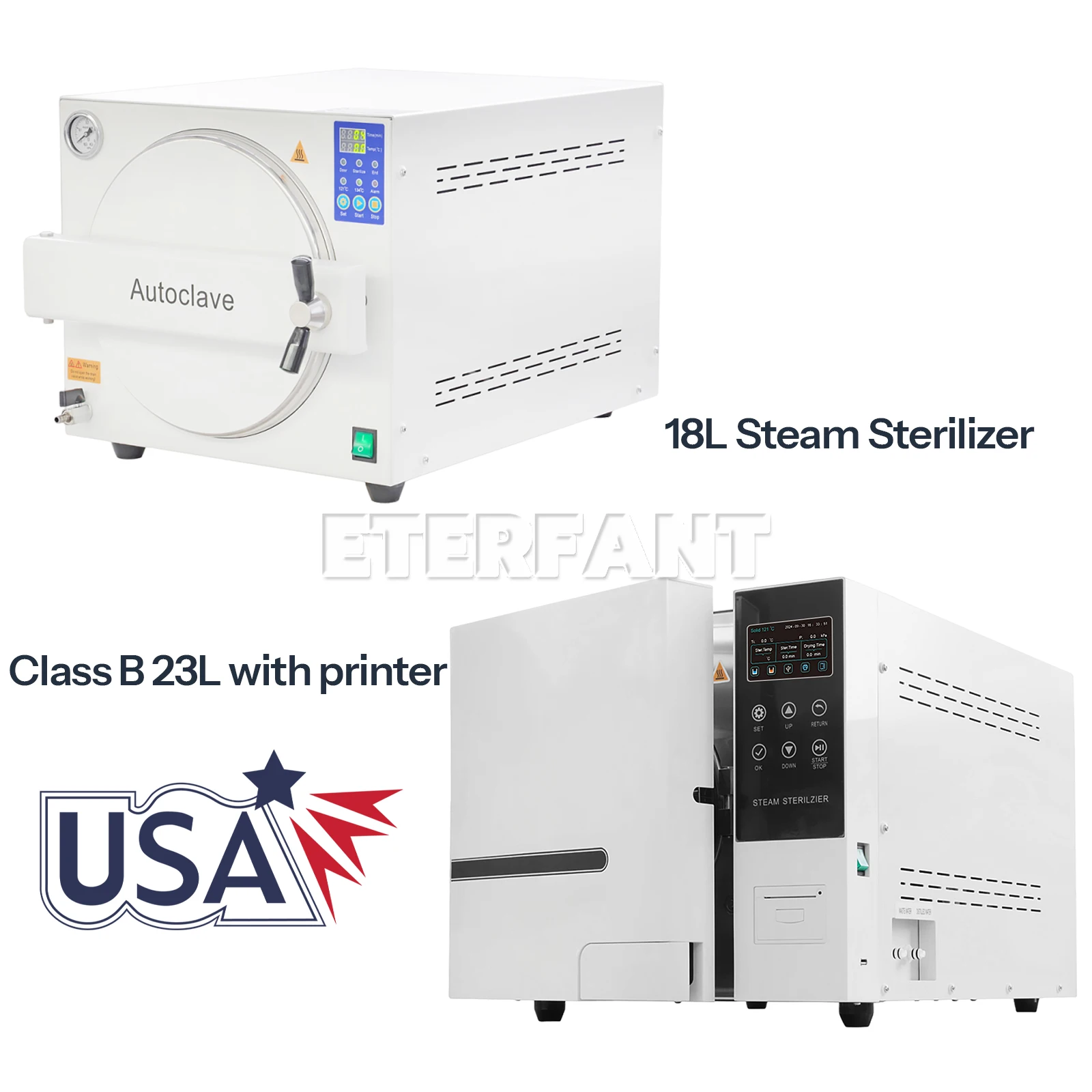 ETERFANT 18L الفئة N الأسنان الأوتوكلاف معقم بالبخار التعقيم/23L الفئة B الأوتوكلاف تجفيف معقم البخار LCD + الطابعة