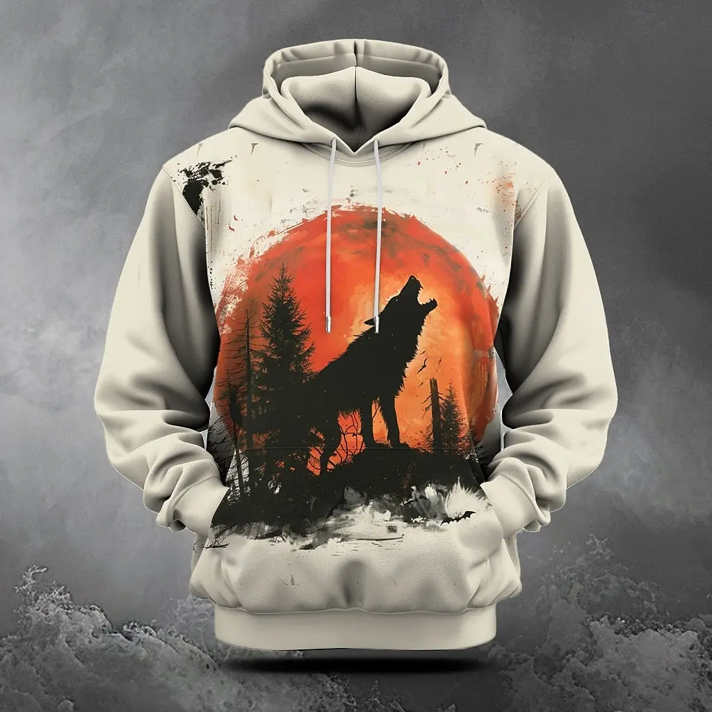 Funny 3D Wolf Pattern Men's Hoodies Halloween Pumpkin Print Sweatshirts Hip Hop Trend Hooded Shirt Y2k Clothes Autumn Loose Tops