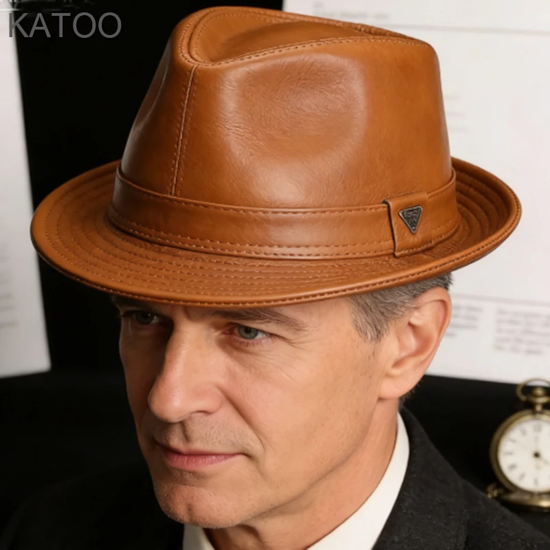 Fashion Man High Quality Genuine Leather Cowhide Formal Hats Men Cow Skin Short Brim Black/Brown Top Hat Male Shows Gentleman