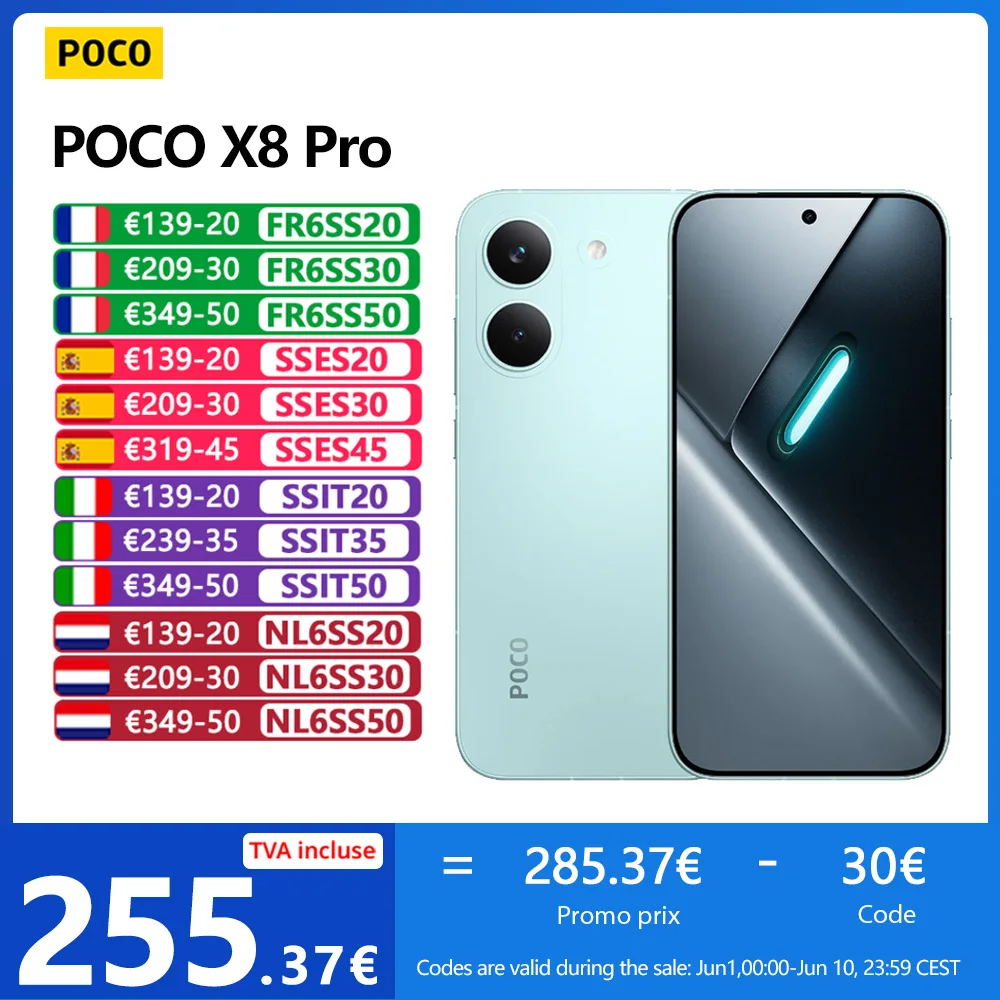 POCO X8 Pro 5G,NFC,Dimensity 8500-Ultra,6.59 pouces,120 Hz,50 MP Caméra,6500 mAh,Résistance IP68 àla poussière et àleau