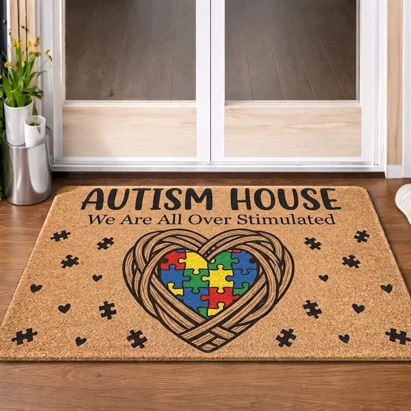 Autism Awareness Puzzle Heart Area Rug Non Slip Washable Floor Mat For Entryway Living Room Home Decor