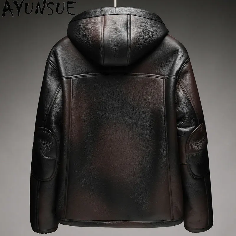 AYUNSUE Men Fur Coat Luxury Genuine Leather Jacket Men Winter Mens Clothing Casual Warm Natural Sheepskin Fur Jacket Hooded