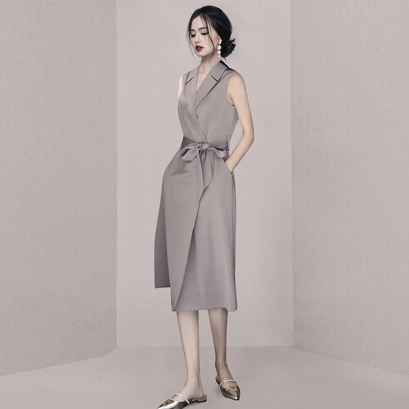 Summer Women's High Waist Slim Fit Suit Dress Sleeveless Commute Casual Dress Korean Style Pure Color A-Line Midi Dress