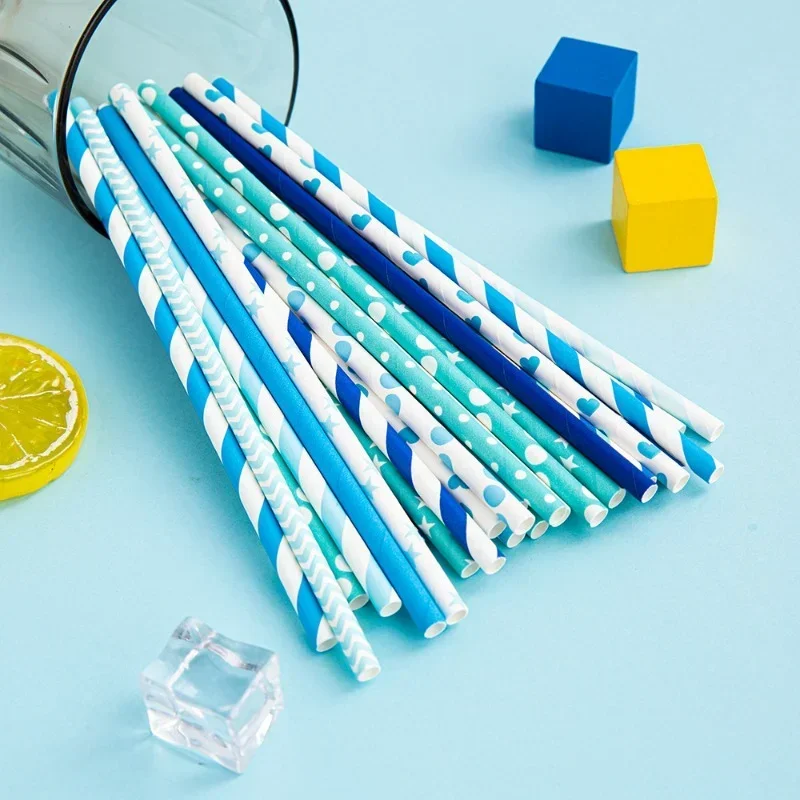 25/50pcs Disposable Paper Straws  Degradable Paper Blue Series Party Tableware Wedding Decoration Supplies Kids Birthday