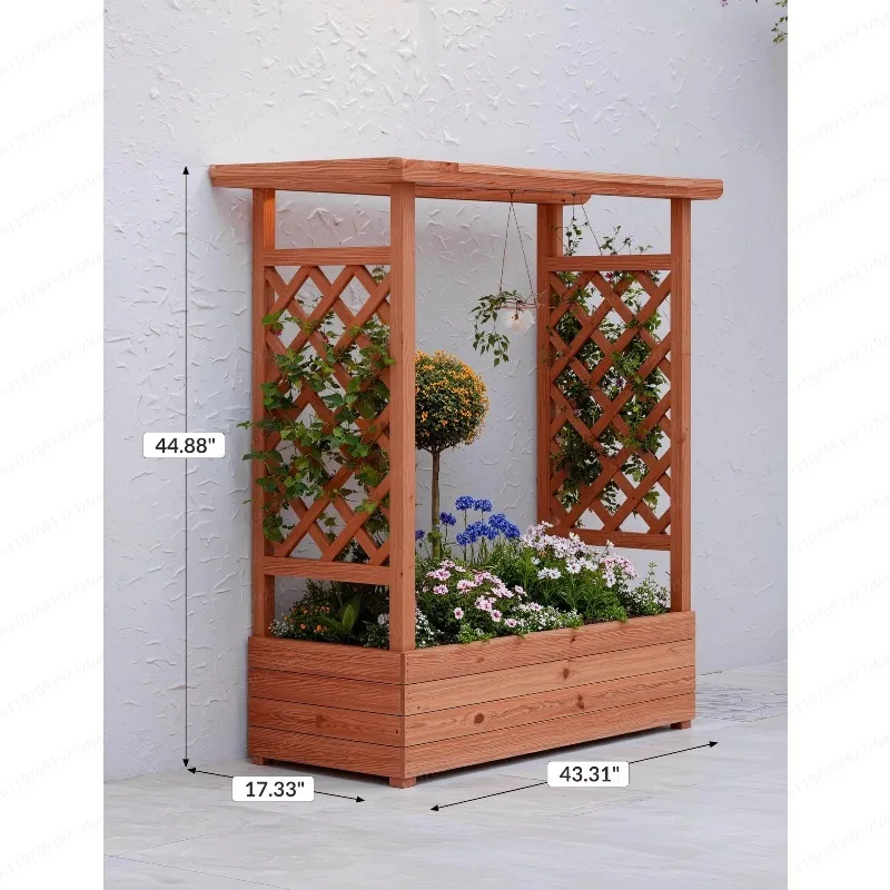 45 Square Wooden Garden Bed Lattice Side Support Elevated Planter Box Canopy Drainage Hole - for Climbing Plant Vines