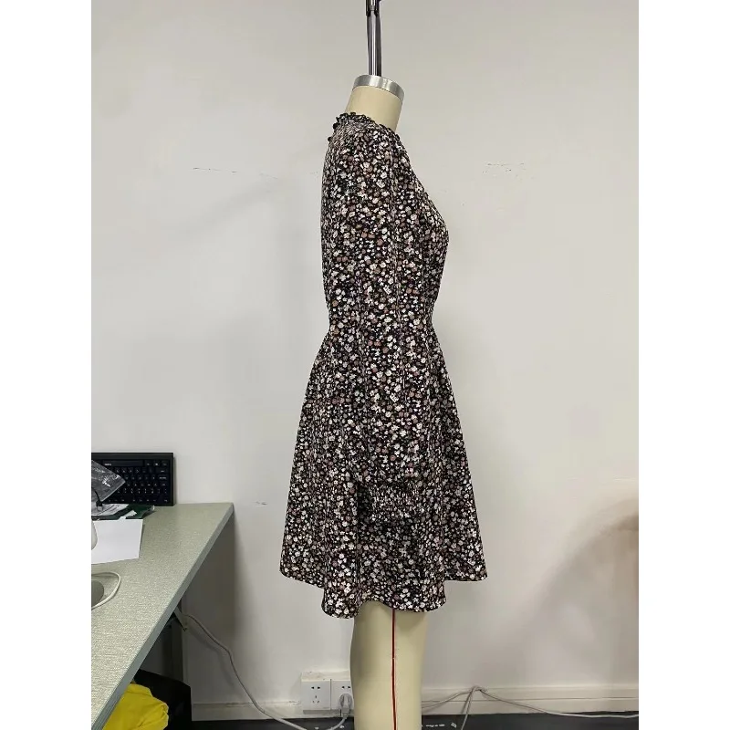 Women Long Sleeve Ditsy Floral Mini Dress Ruffled High Neck Elastic Waist A Line Short Dress Vintage Casual Daily Party Dress - view 4