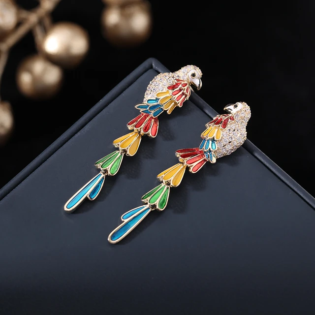 SUYU Earwear Temperament Personalized Design Bird Long Colored Feather Drop Oil Parrot Earrings AliExpress 36