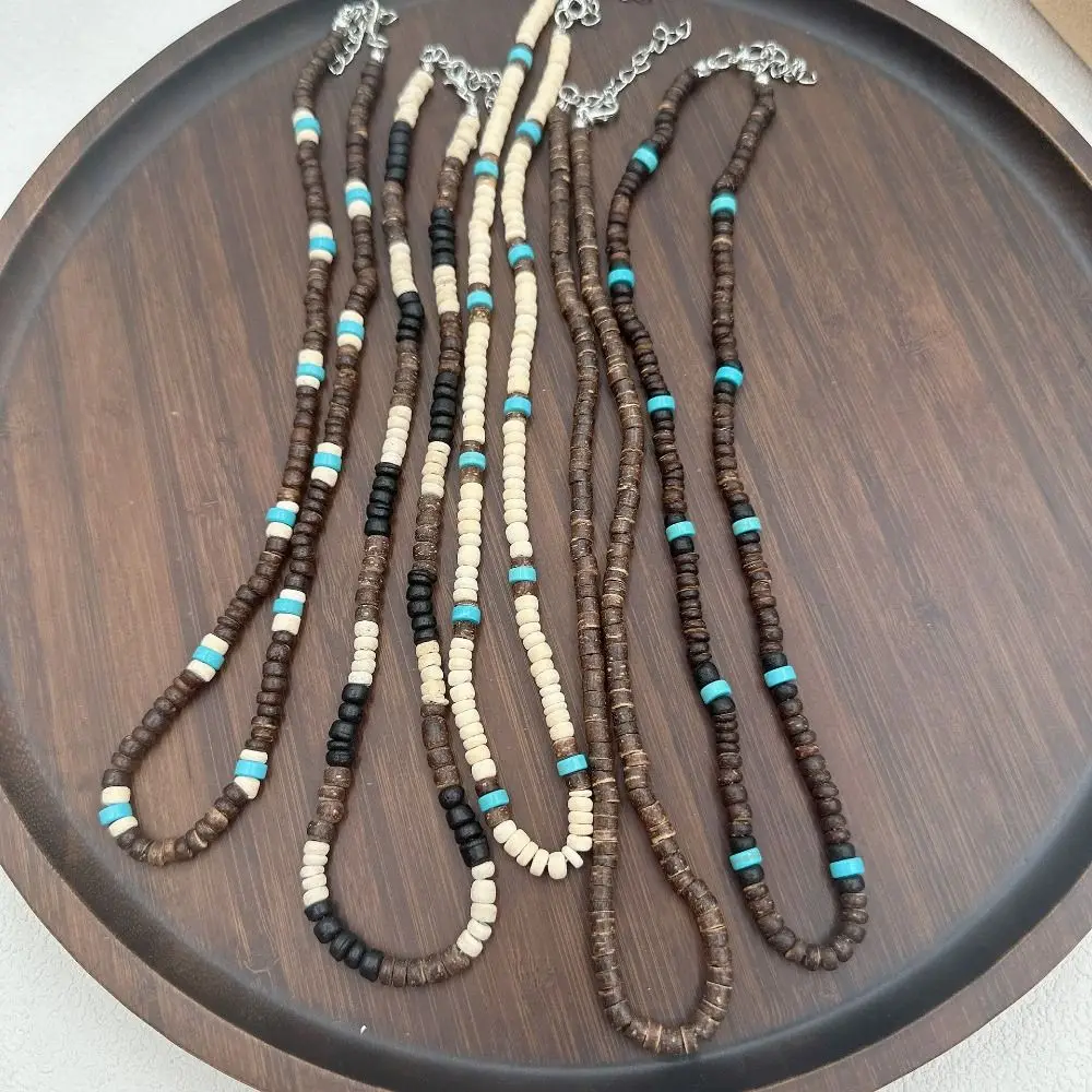 Boho Coconut Shell Necklace Sweater Chain Ethnic Style Turquoises Beaded Necklace Clavicle Chain Jewelry Accessories