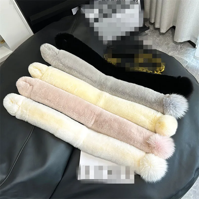 Real Rex Rabbit Fur Pull Through Scarf Women's Neck Scarf Winter Genuine Fox Fur Pompom Collar Wraps