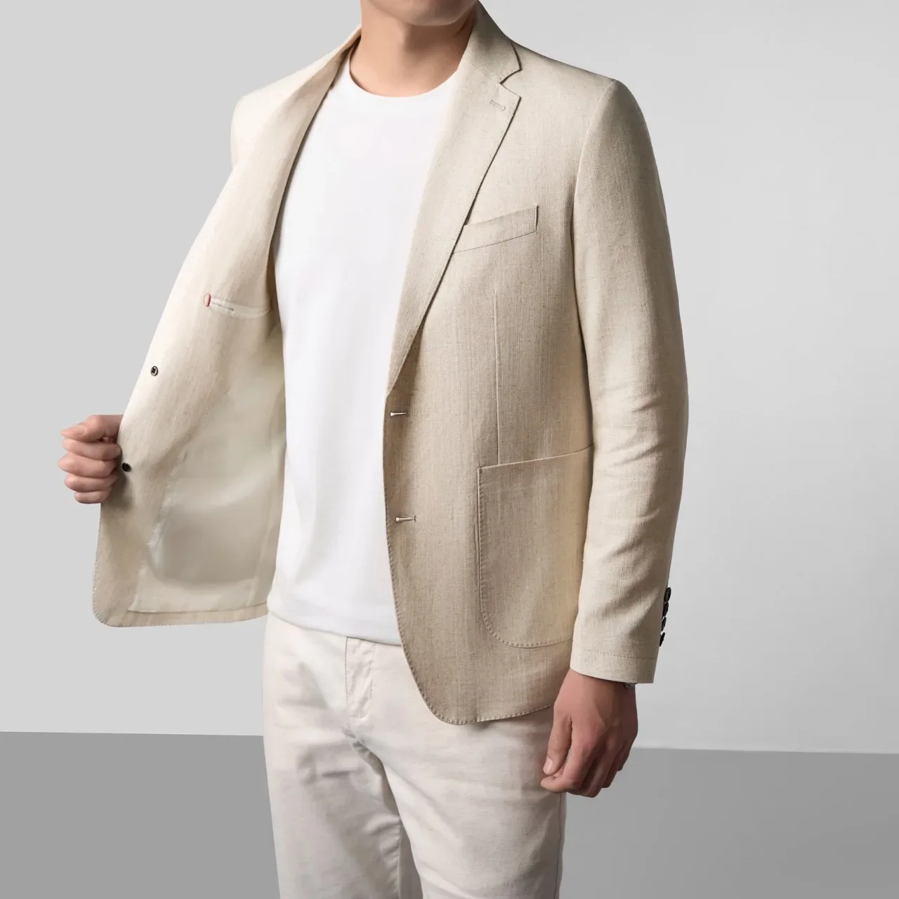Herren Leinen Blazer Leichte Sommerjacke Unstrukturiert Smart Casual Atmungsaktiv Kühlend Lyocell Resort Stil Stiller Luxus Eleganter Mantel Sonnenschutz Urlaub Strand Viskose Mischung Oberbekleidung Büro Reise Freizei – Detail 6