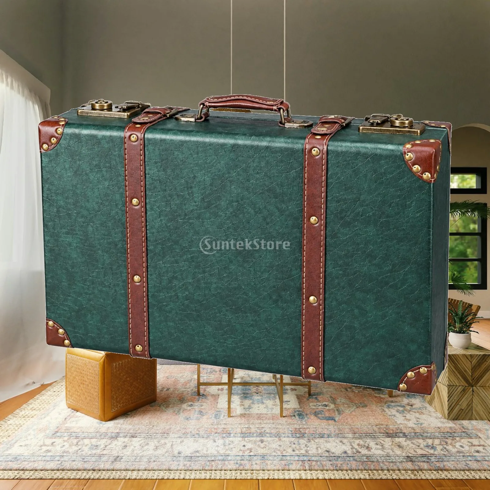 Vintage Inspired Leather Suitcase with Top Grip Metal Lock for Studio Prop Storage Travel Decor