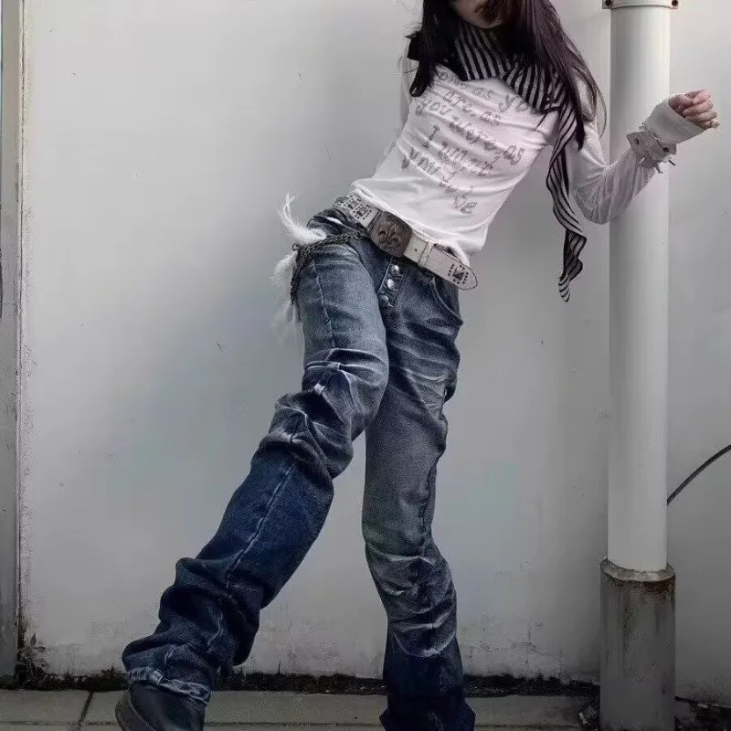 

American Vintage Y2k Bootcut Jeans Full Length Distressed Subculture Denim Punk Style Retro Slim Zipper Mid Waist Autumn Pants