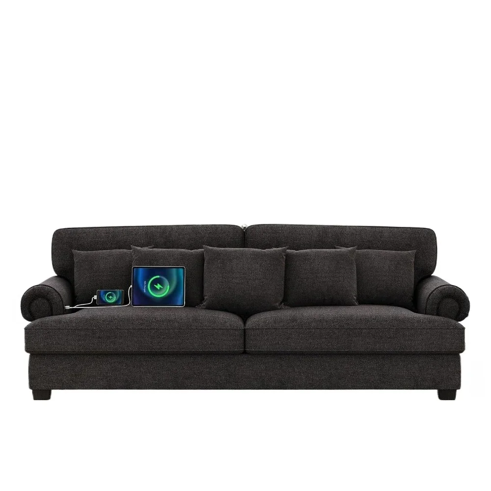

%A 85in Sofa, 3 Seater Couch with 2 USB Charging Ports and Extra deep Seat, Sofa Couches for Living Room, Wide Rolled Arms, Gre