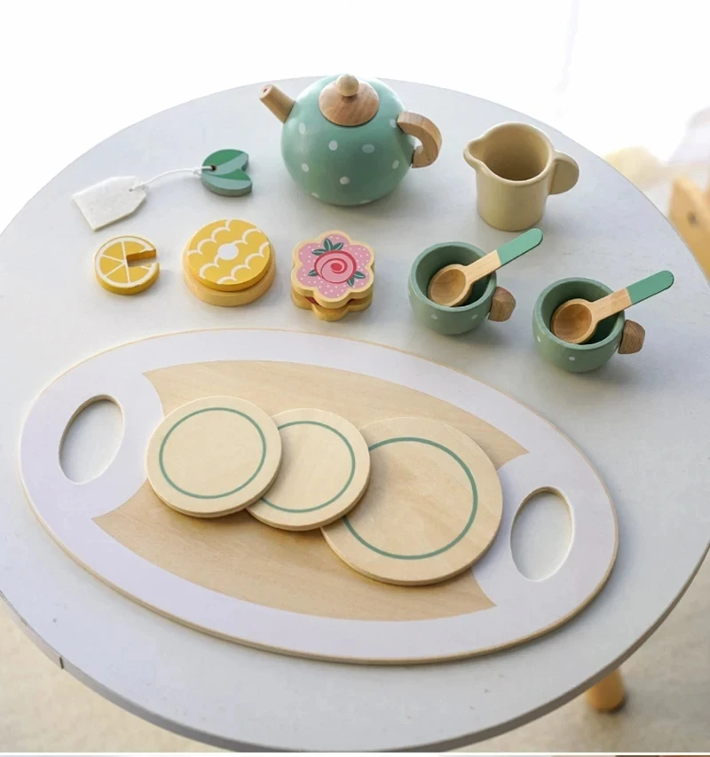 Wooden Afternoon Tea Set Toy Pretend Play Food Learning Role Play Game Early Educational Toys for Toddlers Girls Boys Kids Gifts