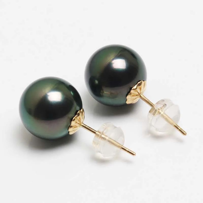 Tahitain Black Pearl Earrings For Women,Big Pearl Earrings Jewelry 18K Gold Stud Pearl Earrings Gift 10-11mm