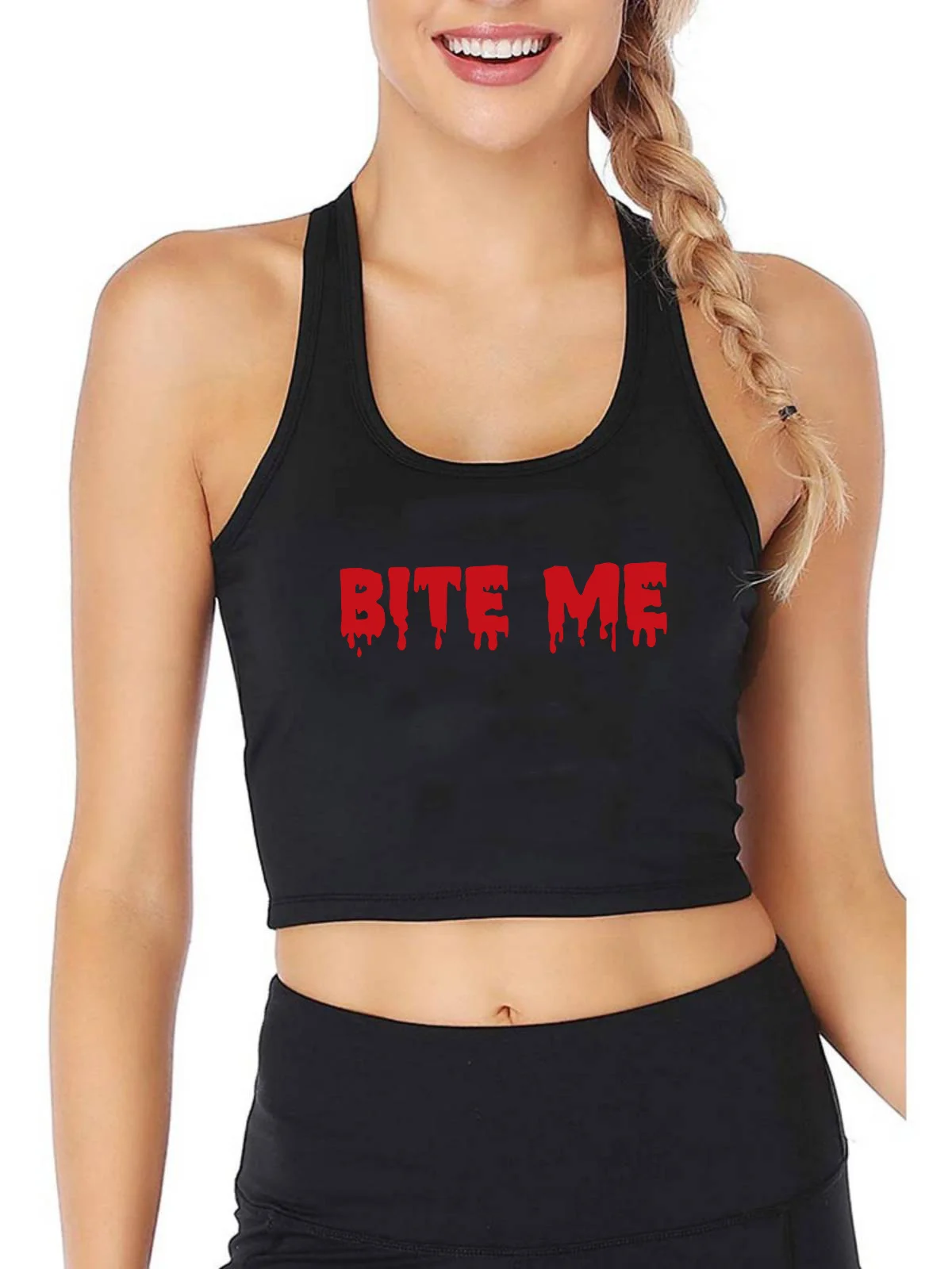 

Bite Me Print Tank Top Adult Humor Fun Flirty Harajuku Print Yoga Sports Workout Crop Top Gym Tops