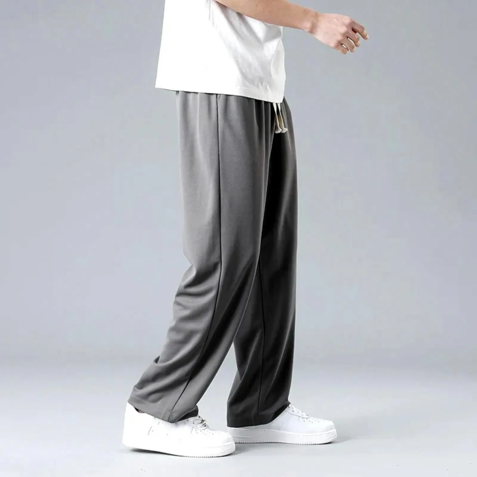 Spring Summer Men Oversize Casual Pants Solid Loose Sports Wide Leg Ice Silk Trousers Fashion New Male Drawstring Elastic Waist