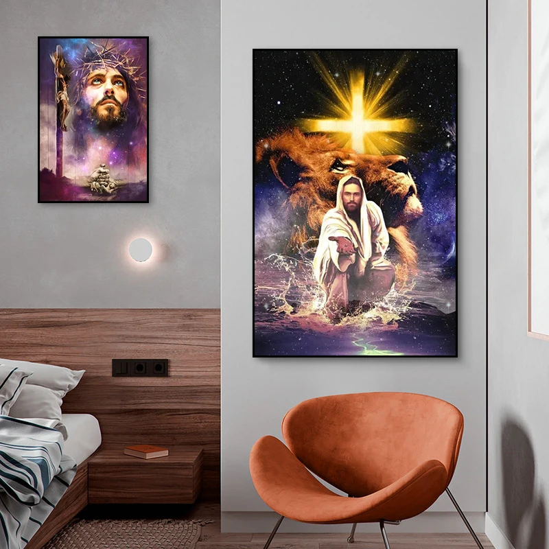 Jesus and Lion Crown of Thorns Jesus Canvas Painting Christianity God Posters Prints Wall Art Picture for Living Room Home Decor