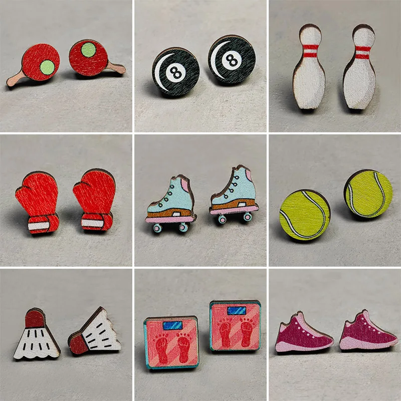 Hot Sports Wood Ear Studs Hobbies Weight Loss Boxing Gloves Ear Studs Badminton Bowling Roller Skating Shoes Billiards Earrings