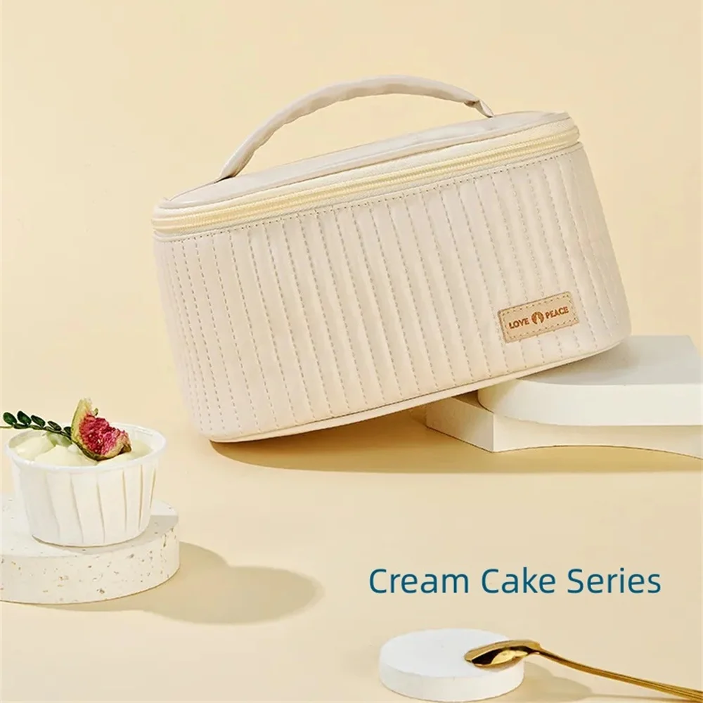 Cream Cake Series PU tinta unita ragazza Open Cover custodie per il trucco portatile borsa per cosmetici da donna di grande capacità per i viaggi a