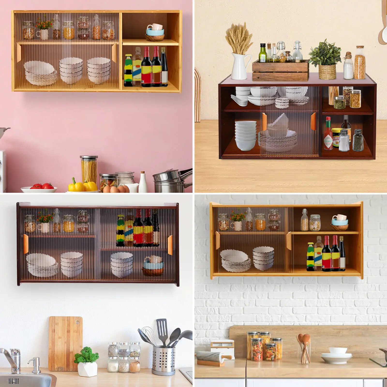 Small Kitchen Pantry Cabinet, Wall Sideboard with Glass Doors, Cupboard Food Pantry Cabinet