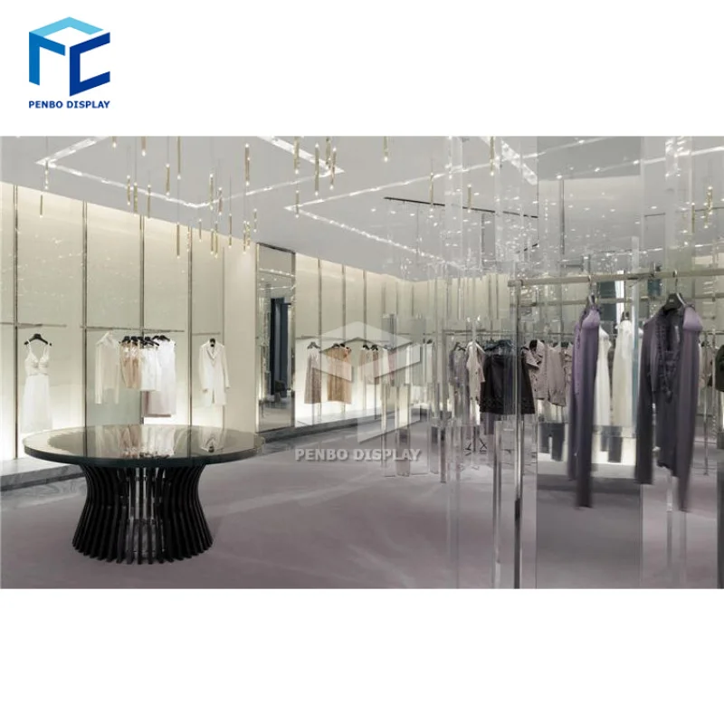 2025customized.Modern Cloth Showroom Interior Design Clothing Display Fixtures Garment Shelf Rack Display Clothing Shop