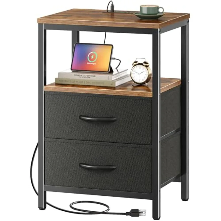 

Bedside table for bedroom use, fabric-drawer rustic brown and black nightstand with charging station, USB ports, outlets, open