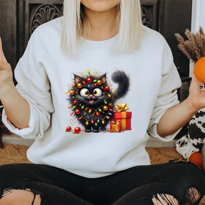 Cat Lover Gift for Christmas Women Sweatshirts Cute Fluffy Cats Lights Holiday Hoodies Cute Animal Lover Christmas Sweatshirts