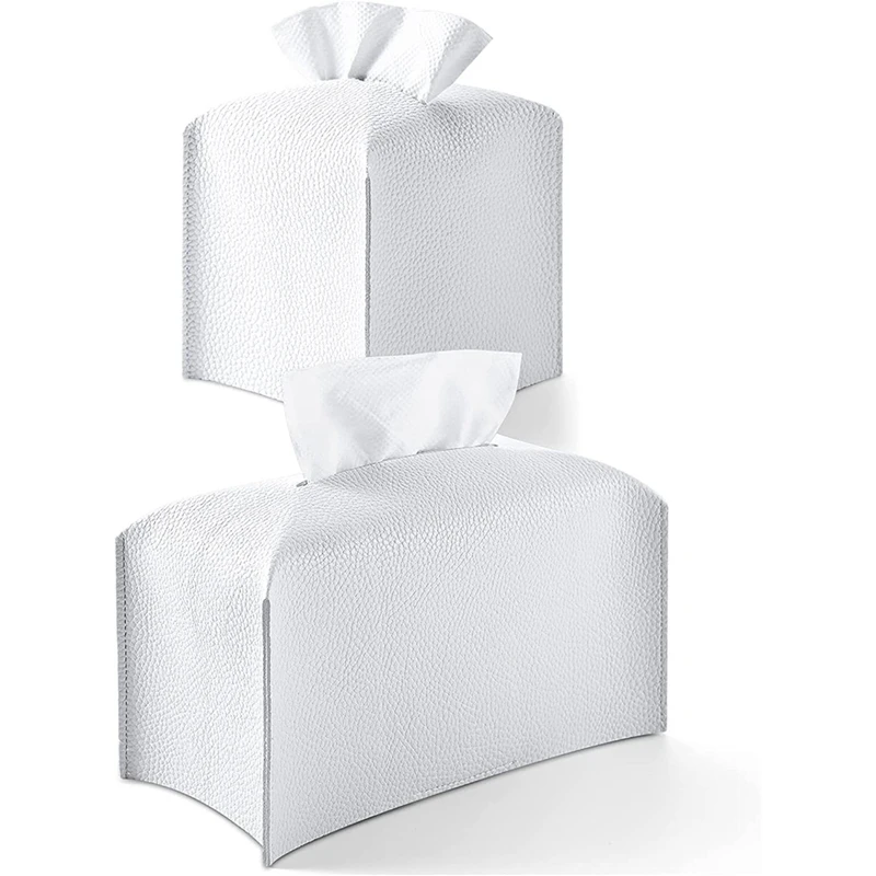 2Pcs Tissue Box PU Leather Tissue Box Holder, Toilet Tissue Box Square Tissue Holder For Bath Vanity Countertop,White