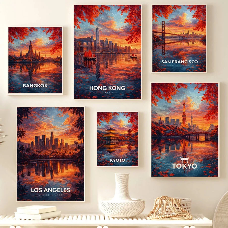 1pc frameless Canvas painting Autumn Cityscape Skyline Sunset Landscape Posters San Francisco Seoul Rome Modern Prints Canvas Pa