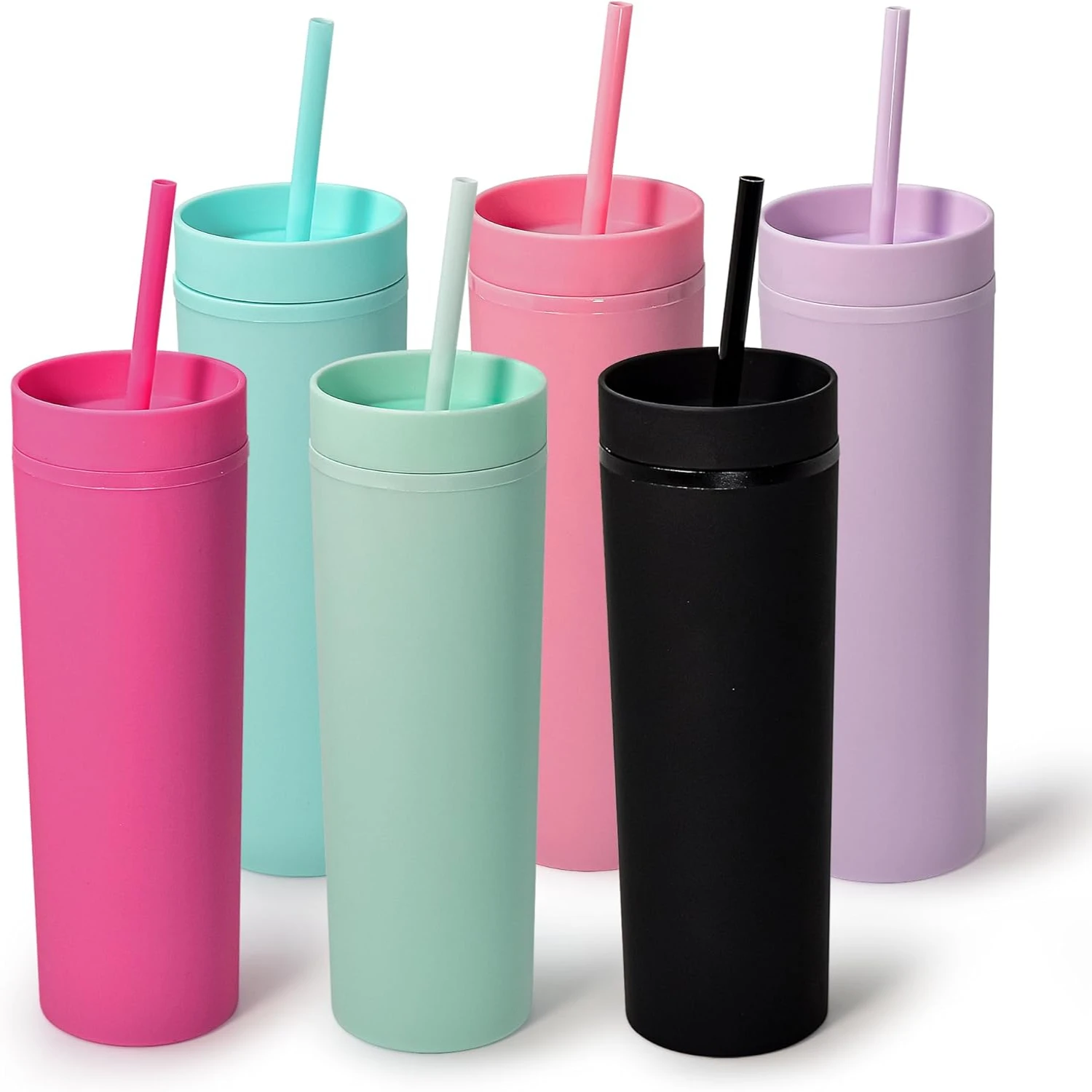 

Stylish and practical set of 6 elegant matte multicolor skinny tumblers - 16 oz each - with lids and straws. Perfect for both co