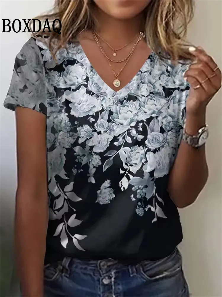 2025 Summer Women's T-shirt Flower Printing Women's V-Neck Short Sleeve Tops Vintage Style New Fashion Plus Size Women Clothing