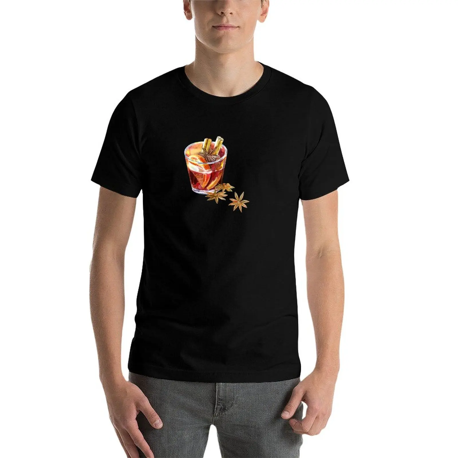 Taza de vino caliente con semillas de anís y naranja. Camiseta gráfica para hombre, camiseta de lujo para hombre, camiseta informal para hombre
