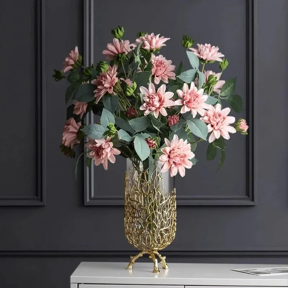 Transparent Gold Hollow Coral Vase Glass Vase Ornaments Metal Frame Living Room Hydroponic Flower Arrangement Home Decoration