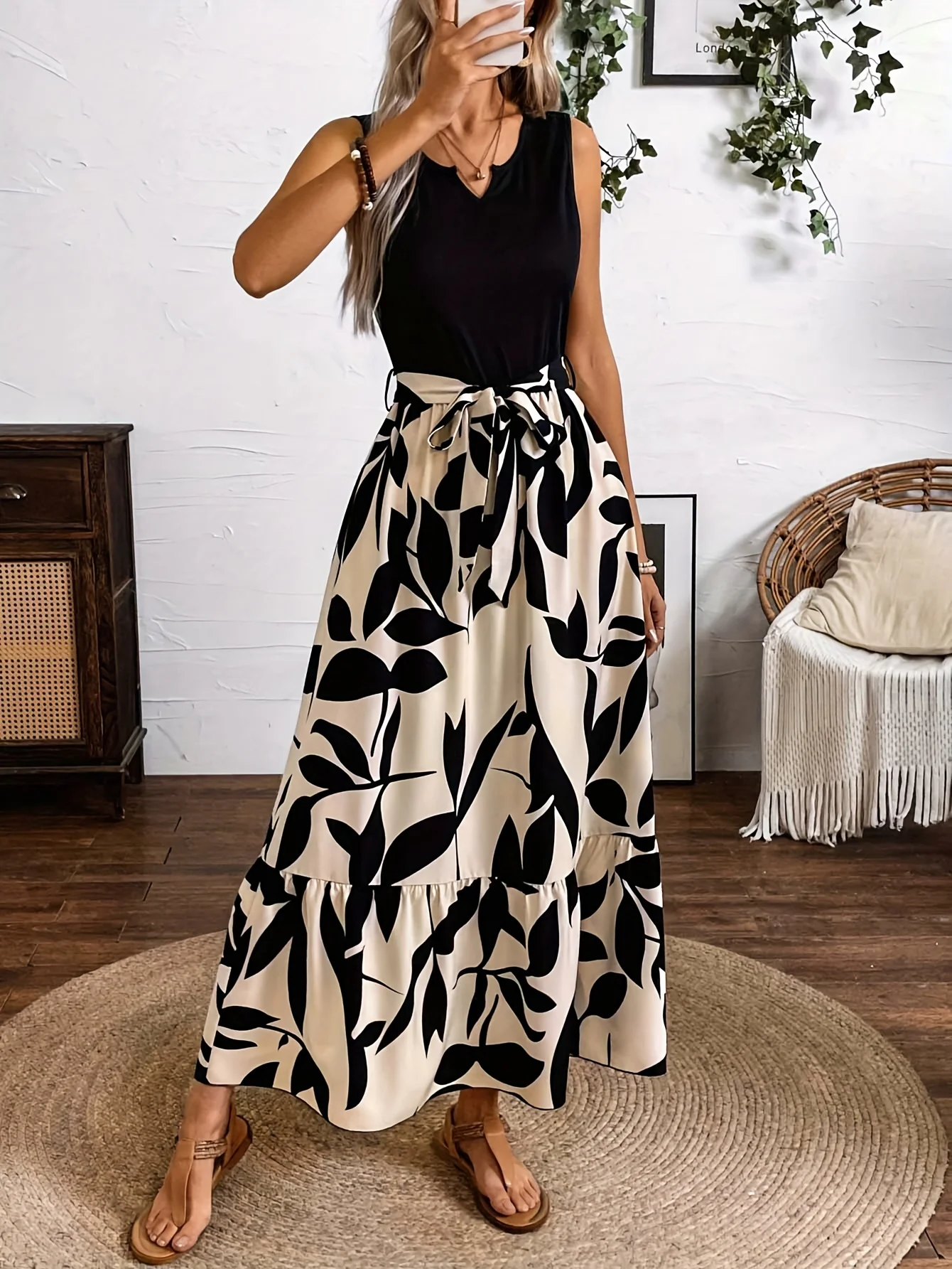 Spring and Summer Explosive Casual High-Waist Floral Print Round Neck Exotic Resort Style Elegant Splicing Long A-Line Dress