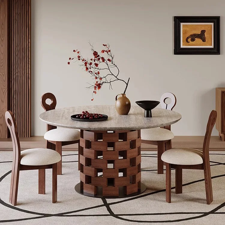 Medieval style, natural travertine round dining table and chair combination, light luxury and high-end sense