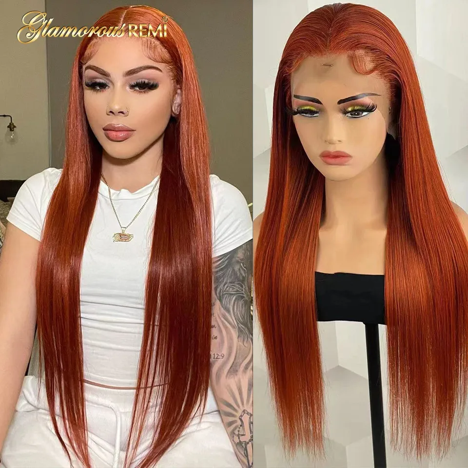 

Ginger Orange Straight Human Hair Lace Wigs For Women Preplucked Density 180 Glueless Ginger Straight Lace Front Wig Can Be Dyed