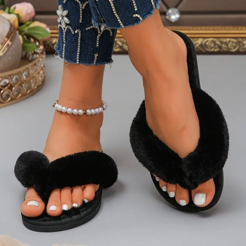 شباشب دافئة منفوشة للنساء مريحة من الفرو الصناعي متقاطعة أرضية داخلية أحذية مسطحة ناعمة فروي شباشب للسيدات والمشاهير #5