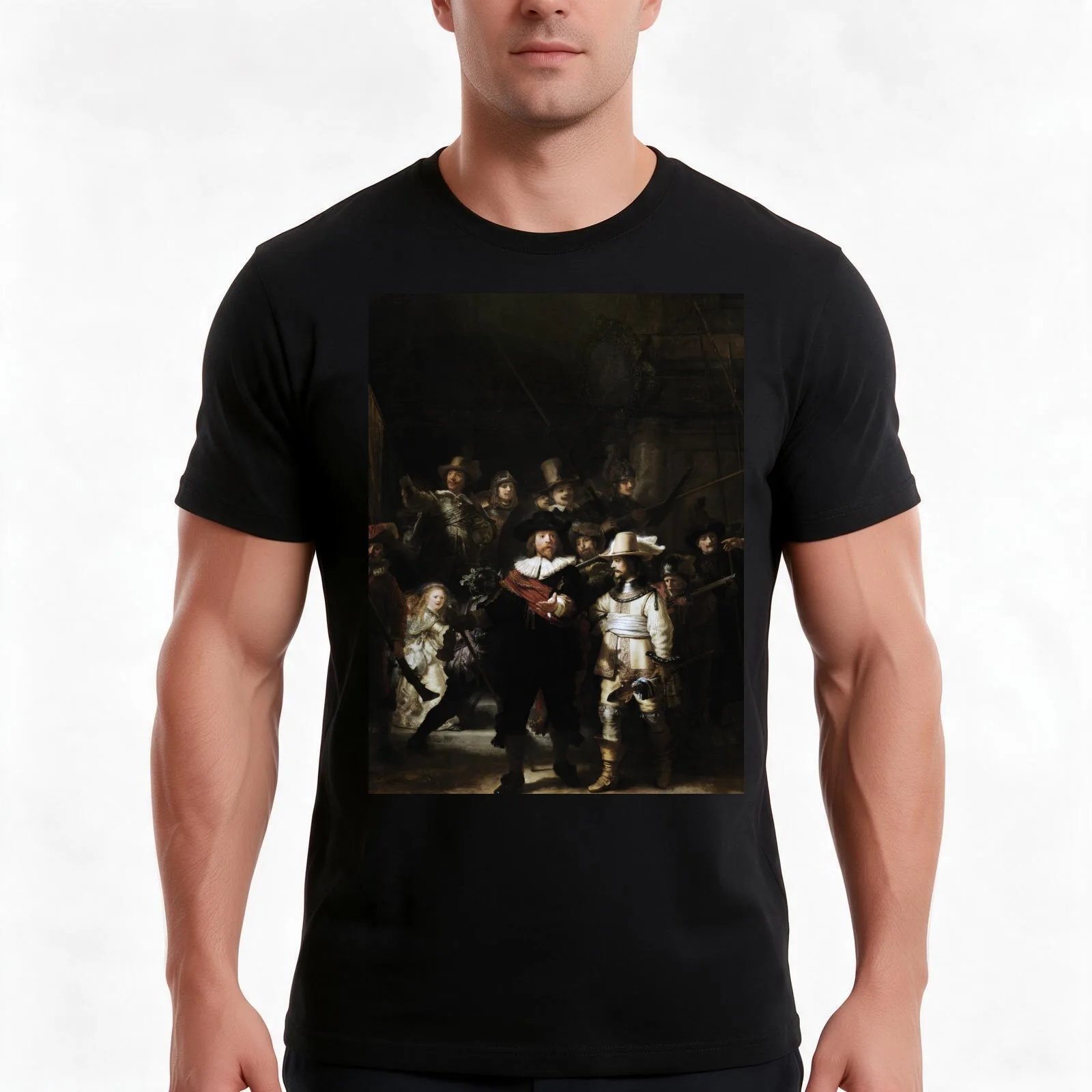 Rembrandt Nightwatch Restored T-Shirt, Summer Casual Cotton Tee, Oversized Streetwear Tops, Vintage Graphic Print, 100% Cotton