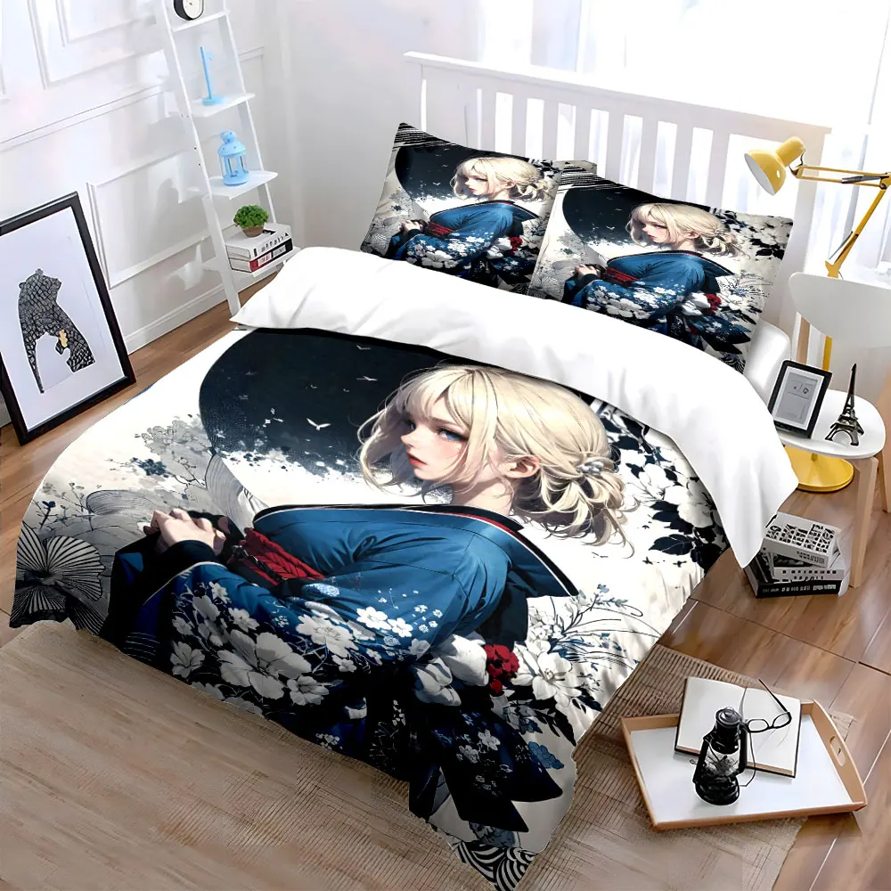 Blonde woman in kimono with floral background Print Bedding Set 1 Duvet Cover 2 Pillowcases for Adult and Children Luxury Gift