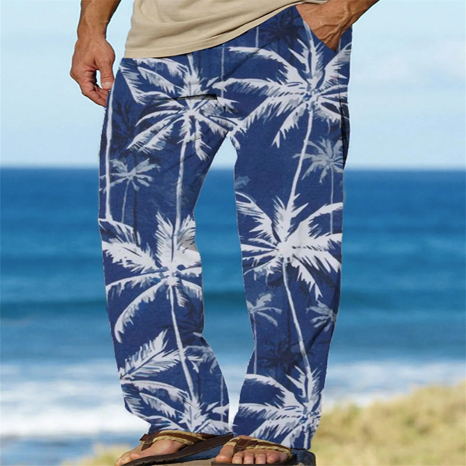 

Casual Men'S Pants Hawaii Fashion Palm-Tree Pocket Drawstring Baggy Trousers Comfort Loose Wide Leg Pant Streetwear Sweatpants