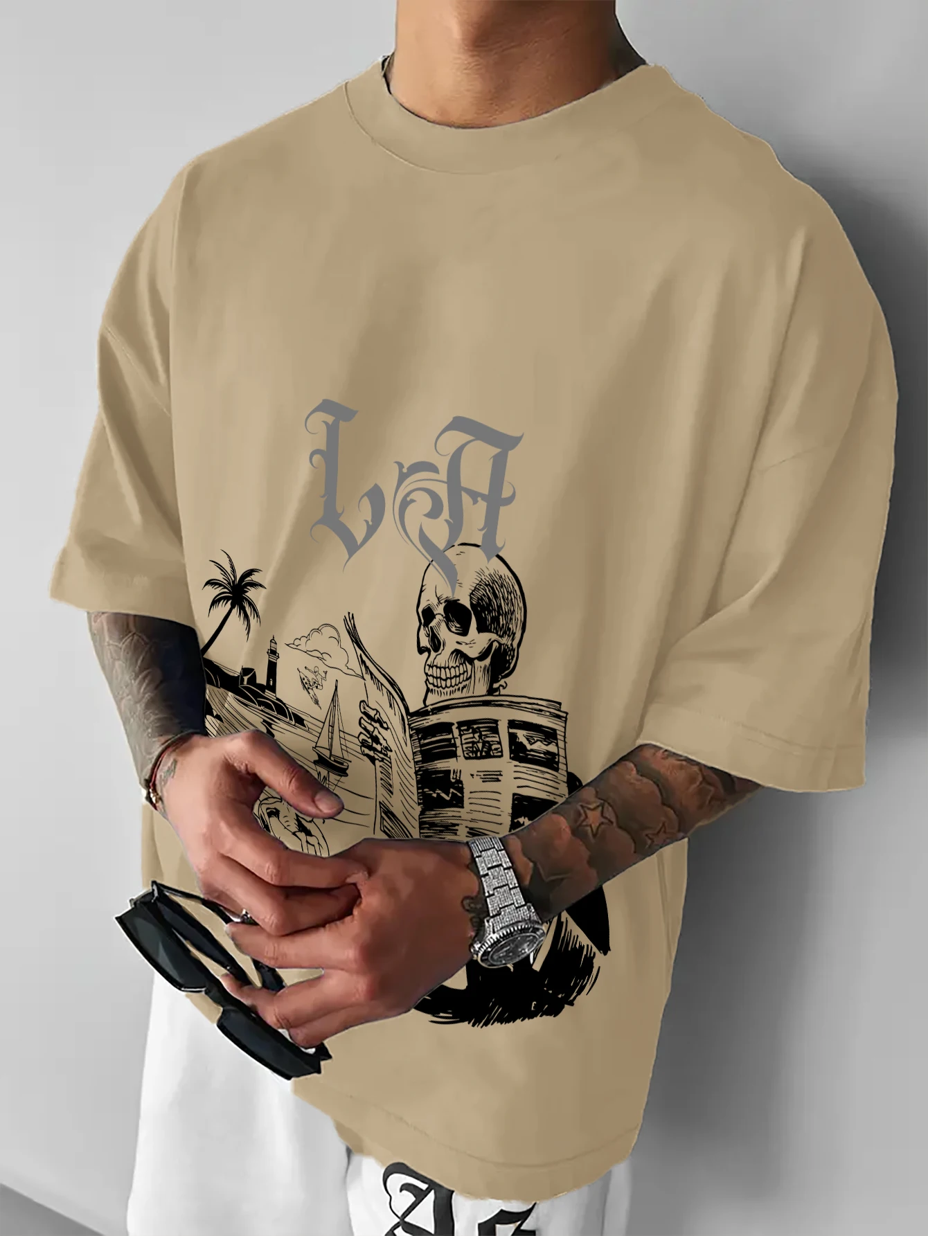 Men Oversized T-Shirt LA Gothic Letter Skull Reading Newspaper Alien Beach Lighthouse Palm Tree Front Print Streetwear Loose Tee