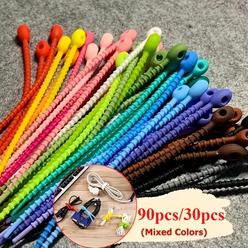 90pcs/30pcs Silicone Reusable Cable Organizer Storage Bag Tie, Wire Management Zipper Tie, Bag Clip,Organizer Clip cable