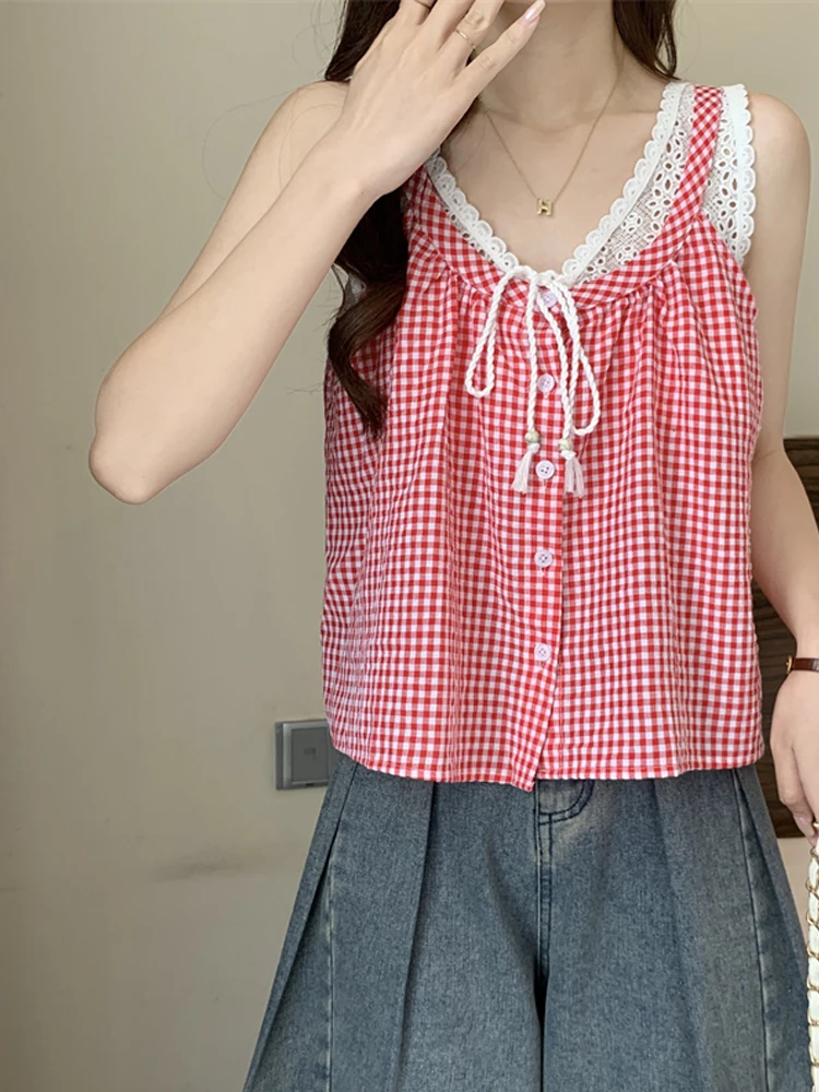 Sommer Plaid Spitze Weste irt frauen Design Sinn ature Oberbekleidung ort Svel Top Koreanische Sle Lose Fit Taste Detail