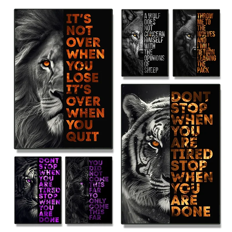 Animal motivational quotes poster lion tiger wolf leopard canvas painting modern art print living room decoration wall painting