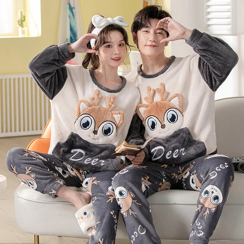 Unisex Flannel Sleepwear New Women Men Winter Warm Fleece Couples Pajamas Set Lovers Nightgown Cute Cartoon Pijamas Home Clothes