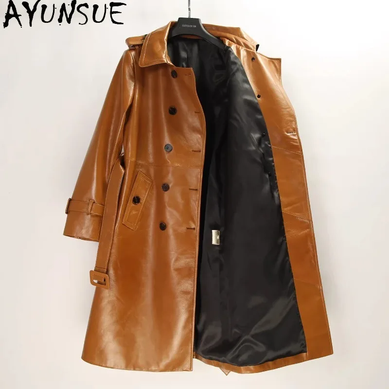 

AYUNSUE Women's Real Leather Jackets Retro Double-breasted Sheepskin Trench Coat Fashion Long Outerwears Woman Clothes Casaco